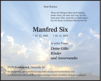 Traueranzeige von Manfred Six von Siegener Zeitung
