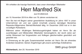 Traueranzeige von Manfred Six von Siegener Zeitung