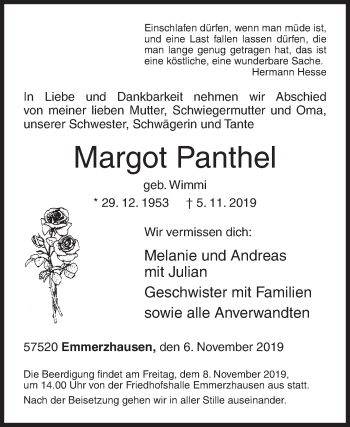Traueranzeige von Margot Panthel von Siegener Zeitung