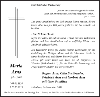 Traueranzeige von Maria Arns von Siegener Zeitung