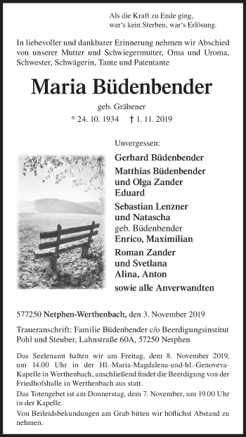 Traueranzeige von Maria Büdenbender von Siegener Zeitung