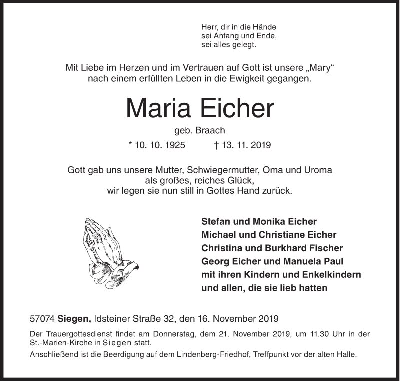  Traueranzeige für Maria Eicher vom 16.11.2019 aus Siegener Zeitung