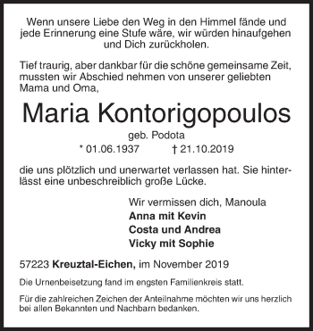 Traueranzeige von Maria Kontorigopoulos von Siegener Zeitung
