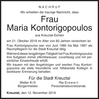 Traueranzeige von Maria Kontorigopoulos von Siegener Zeitung