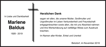 Traueranzeige von Marlene Baldus von Siegener Zeitung