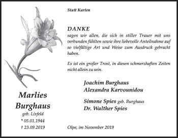 Traueranzeige von Marlies Burghaus von Siegener Zeitung