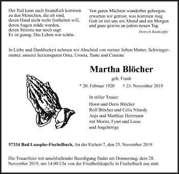 Traueranzeige von Martha Blöcher von Siegener Zeitung