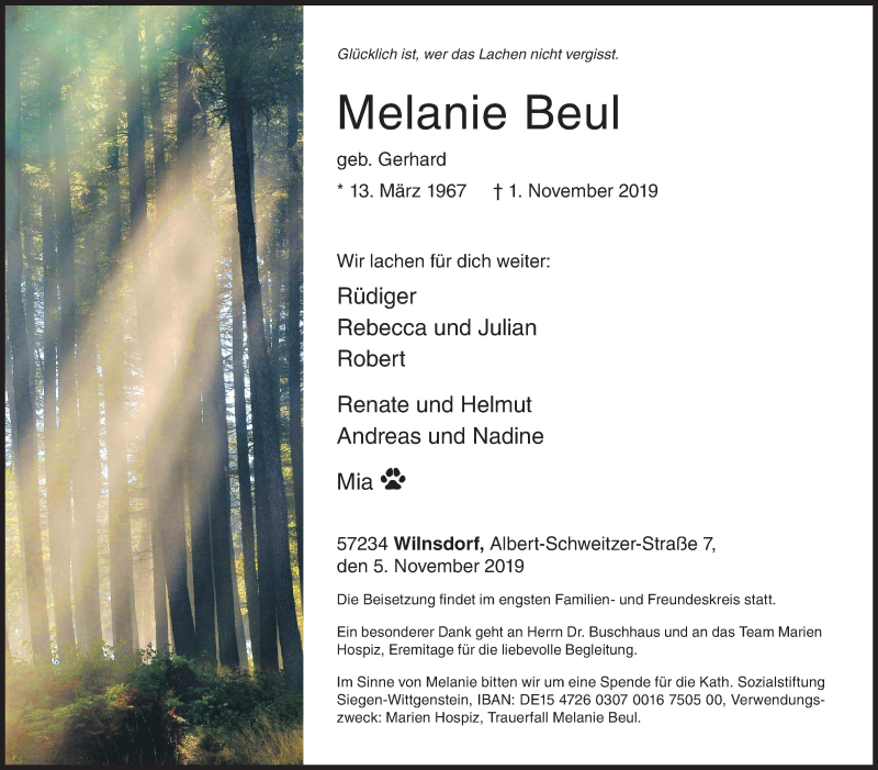  Traueranzeige für Melanie Beul vom 05.11.2019 aus Siegener Zeitung