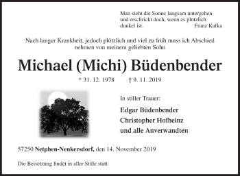 Traueranzeige von Michael  Büdenbender von Siegener Zeitung