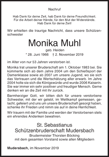 Traueranzeige von Monika Muhl von Siegener Zeitung