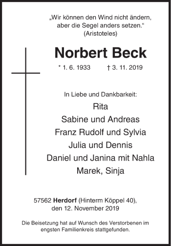 Traueranzeige von Norbert Beck von Siegener Zeitung