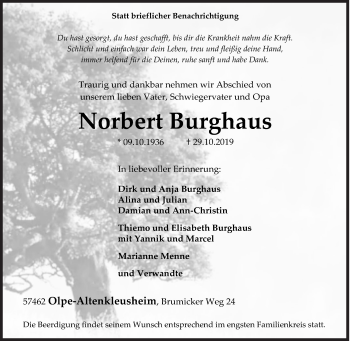 Traueranzeige von Norbert Burghaus von Siegener Zeitung