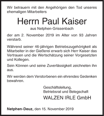 Traueranzeige von Paul Kaiser von Siegener Zeitung