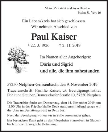 Traueranzeige von Paul Kaiser von Siegener Zeitung