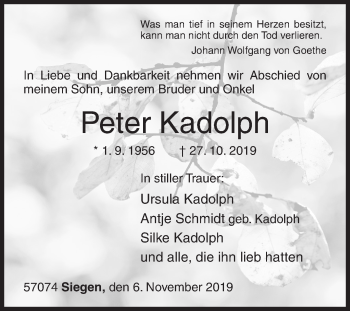 Traueranzeige von Peter Kadolph von Siegener Zeitung