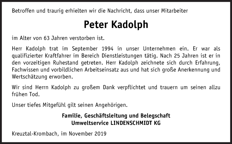 Traueranzeige für Peter Kadolph vom 02.11.2019 aus Siegener Zeitung