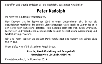 Traueranzeige von Peter Kadolph von Siegener Zeitung
