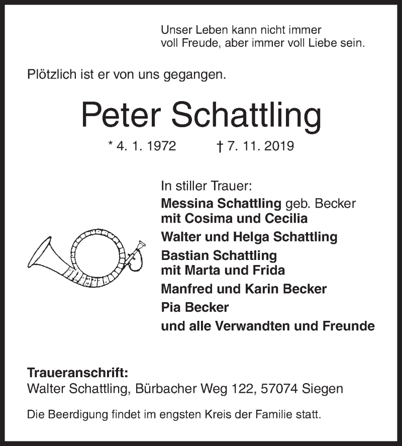  Traueranzeige für Peter Schattling vom 16.11.2019 aus Siegener Zeitung