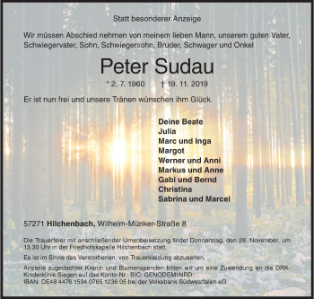 Traueranzeige von Peter Sudau von Siegener Zeitung