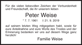 Traueranzeige von Peter Weise von Siegener Zeitung