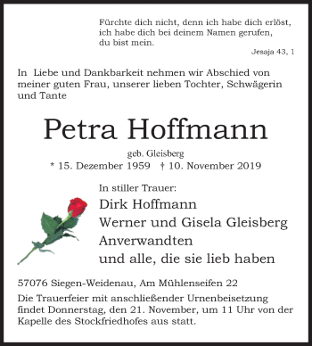 Traueranzeige von Petra Hoffmann von Siegener Zeitung