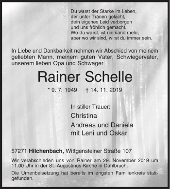 Traueranzeige von Rainer Schelle von Siegener Zeitung
