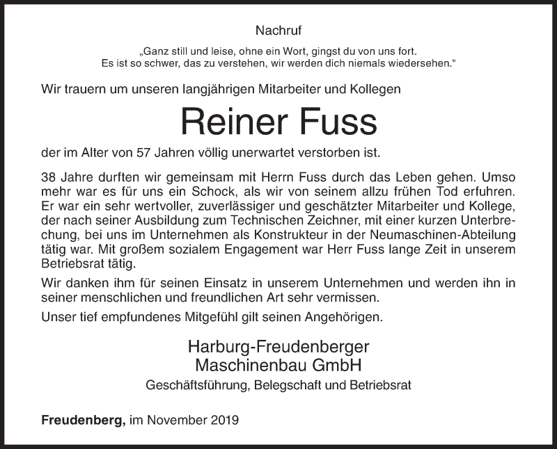  Traueranzeige für Reiner Fuss vom 16.11.2019 aus Siegener Zeitung