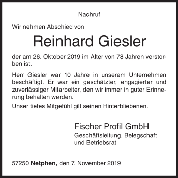 Traueranzeige von Reinhard Giesler von Siegener Zeitung