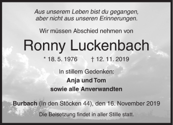 Traueranzeige von Ronny Luckenbach von Siegener Zeitung