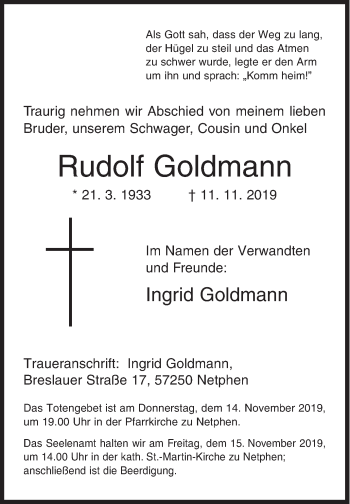 Traueranzeige von Rudolf Goldmann von Siegener Zeitung