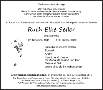 Traueranzeige von Ruth Elke Seiler von Siegener Zeitung