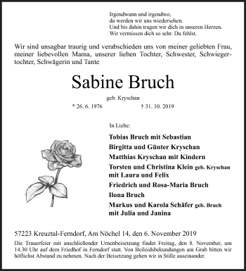 Traueranzeige von Sabine Bruch von Siegener Zeitung