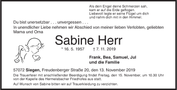 Traueranzeige von Sabine Herr von Siegener Zeitung