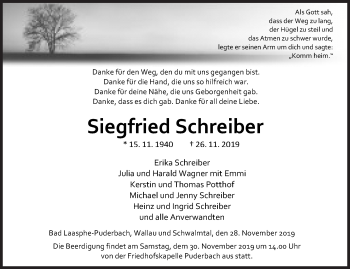Traueranzeige von Siegfried Schreiber von Siegener Zeitung