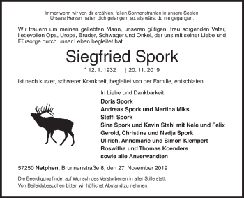 Traueranzeige von Siegfried Spork von Siegener Zeitung