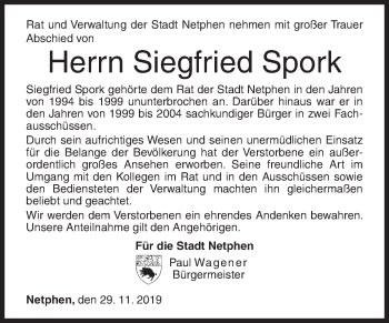 Traueranzeige von Siegfried Spork von Siegener Zeitung
