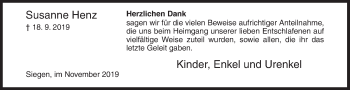 Traueranzeige von Susanne Henz von Siegener Zeitung