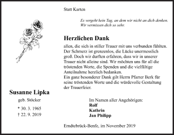 Traueranzeige von Susanne Lipka von Siegener Zeitung
