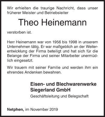 Traueranzeige von Theo Heinemann von Siegener Zeitung