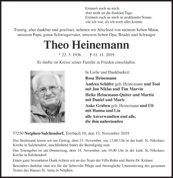 Traueranzeige von Theo Heinemann von Siegener Zeitung