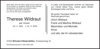 Traueranzeige von Therese Wildraut von Siegener Zeitung