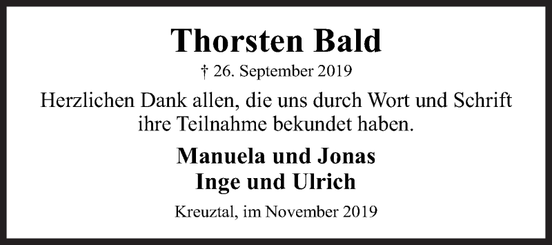  Traueranzeige für Thorsten Bald vom 02.11.2019 aus Siegener Zeitung