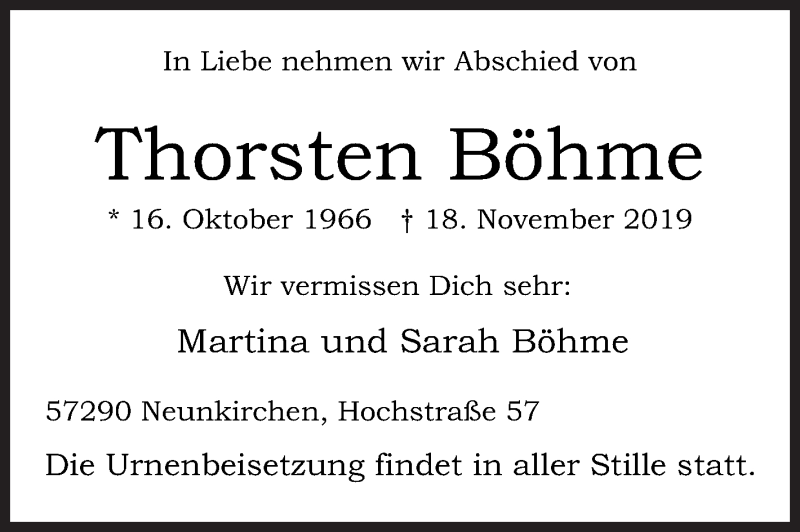  Traueranzeige für Thorsten Böhme vom 23.11.2019 aus Siegener Zeitung