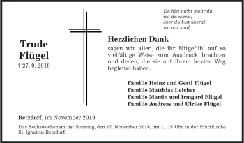 Traueranzeige von Trude Flügel von Siegener Zeitung