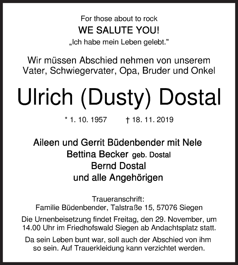  Traueranzeige für Ulrich Dostal vom 23.11.2019 aus Siegener Zeitung