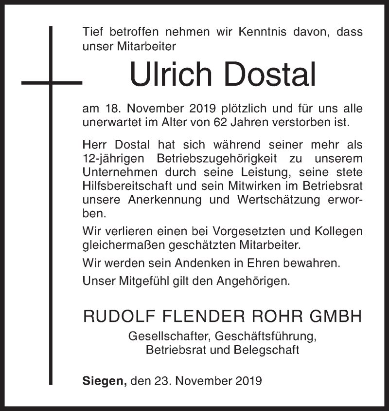  Traueranzeige für Ulrich Dostal vom 23.11.2019 aus Siegener Zeitung
