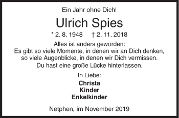 Traueranzeige von Ulrich Spies von Siegener Zeitung
