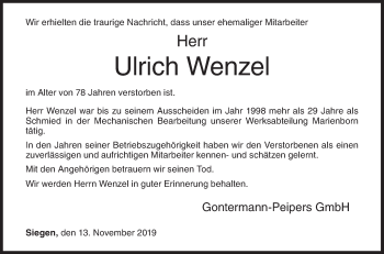 Traueranzeige von Ulrich Wenzel von Siegener Zeitung