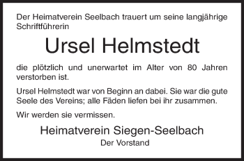 Traueranzeige von Ursel Helmstedt von Siegener Zeitung