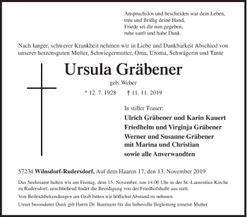 Traueranzeige von Ursula Gräbener von Siegener Zeitung